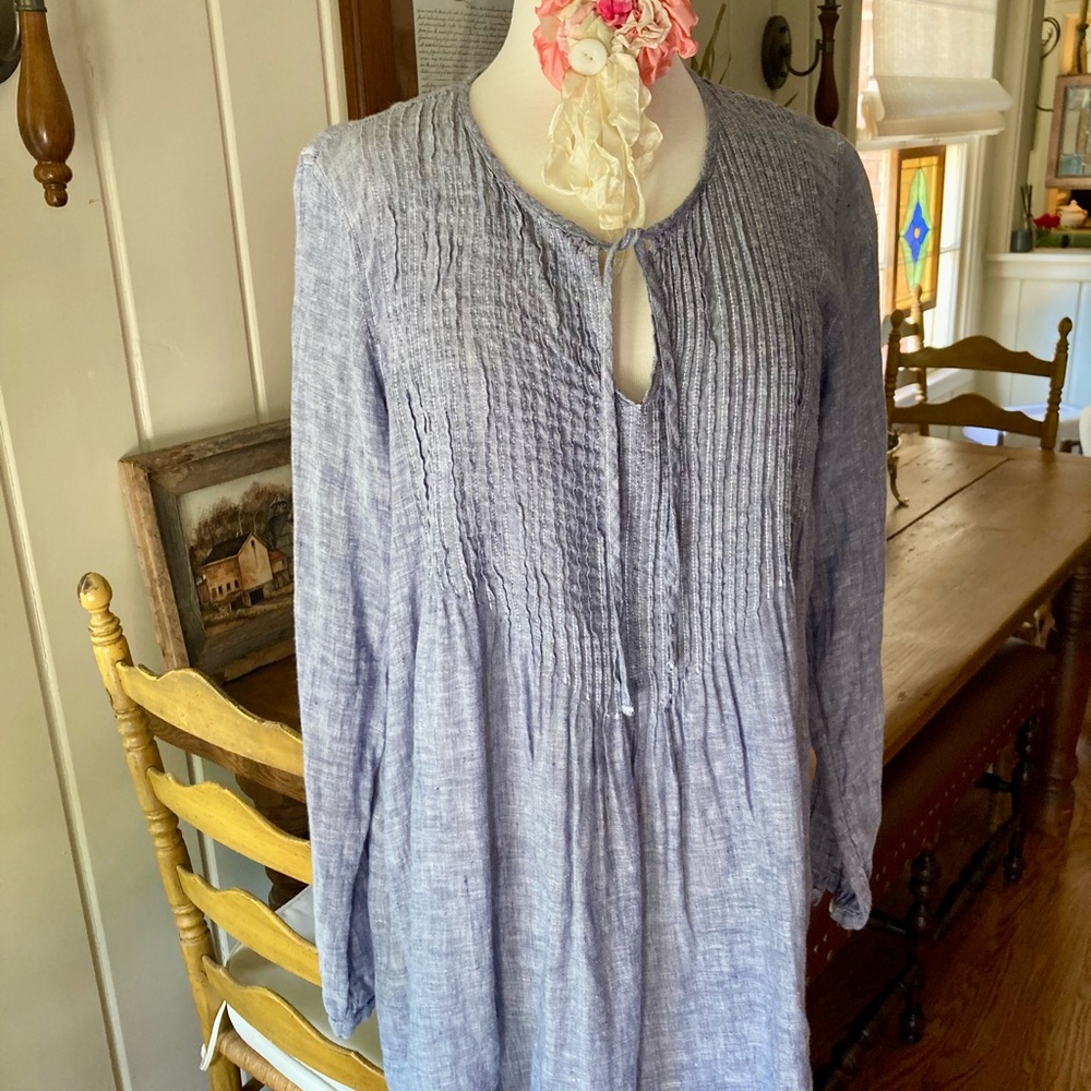 CP Shades Denim Blue Pleated Linen Tunic Medium